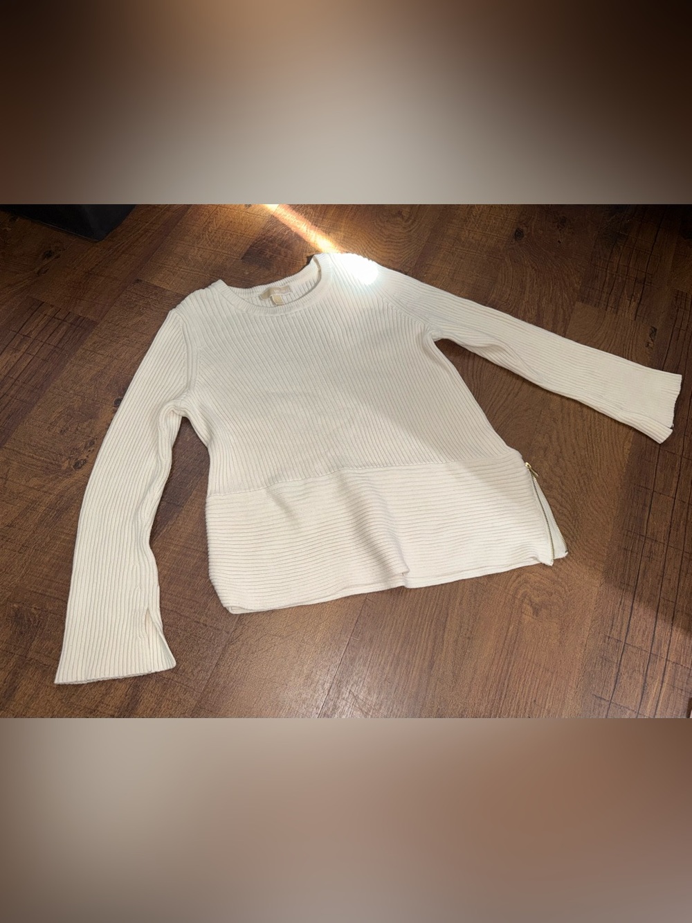 Michael Kors Cream Ribbed Peplum Crewneck Sweater